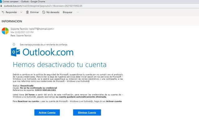  El correo electrónico falso tiene como emisor un correo de Hotmail común y corriente. Foto: Microsoft   