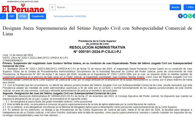 La resolución con la suspensión de Varillas Solano se publicó este 14 de marzo, pero la decisión había sido tomada el 12. Foto: captura de El Peruano   