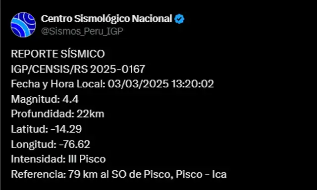 "Sismo de magnitud 4,4 sacude Pisco, Ica. Foto: IGP   