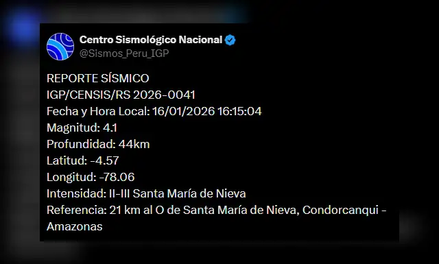 Sismo de magnitud 4,3 se sintió hoy en Amazonas. Foto: IGP   
