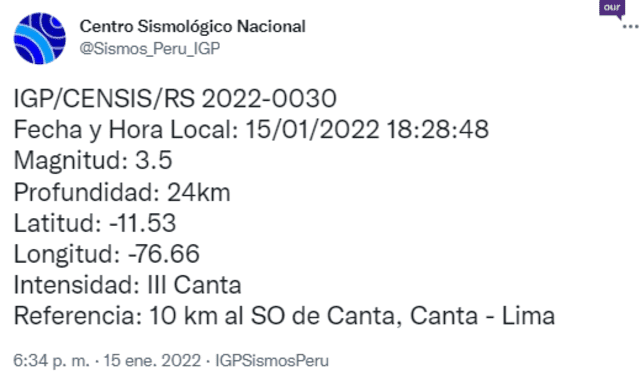 Reporte del Centro Sismológico Nacional. Foto: Twitter
