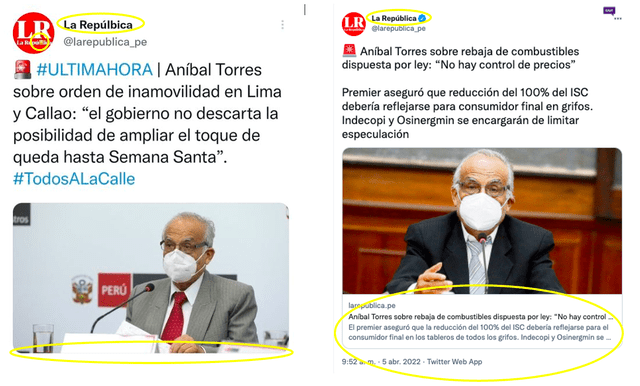 Comparación entre tuit de cuenta falsa (izquierda) y un tuit publicado por la cuenta oficial de La República (derecha). Fuente: Composición LR, Facebook, Twitter.