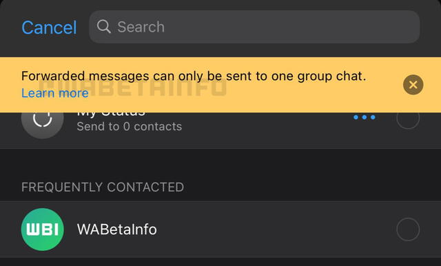 Solo puede reenviarse un mensaje reenviado a un grupo de WhatsApp. Foto: WaBetaInfo