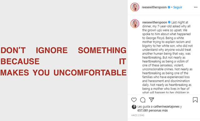 Reese Witherspoon y su extenso mensaje en Instagram.