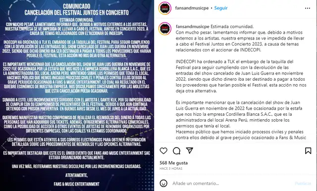 Fans &amp; Music Entertainment se pronunció en redes. Foto: Instagram 