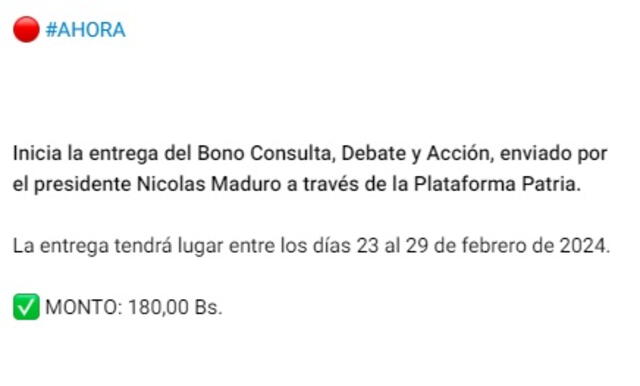 Se anunció el pago del Segundo Bono Especial de febrero de 2024. Foto: Canal Patria Digital   