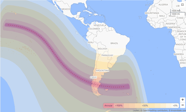  El eclipse anular de Sol será visible en el Pacífico y el sur de Sudamérica, en algunas zonas se podrá apreciar el 'anillo de fuego'. Foto: Time and Date   