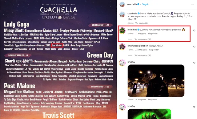 Listado de grupos y fechas de 'Coachella' 2025 con los Mirlos en la programación. Foto: Instagram.    