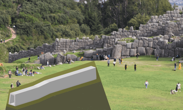  Estructura trapezoidal en la explanada de Sacsayhuaman, según datos obtenidos a través del georradar. Foto: Captura   