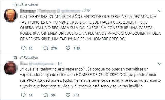 BTS: Algunos miembros del ARMY defienden que Taehyung use un cigarrillo electrónico. Captura Twitter.