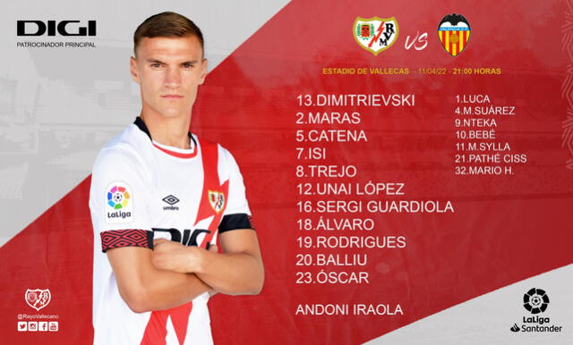 Formación titular de Rayo Vallecano vs. Valencia. Foto: Rayo Vallecano