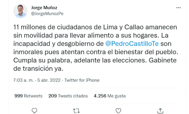Alcalde Muñoz a presidente Castillo sobre el toque de queda: “Atentan contra el bienestar del pueblo"