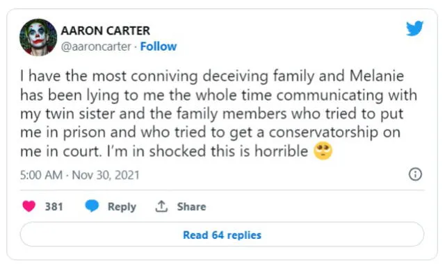30.11.2021 | Aaron Carter acusa a su hermana gemela de intentar ponerlo bajo tutela. Foto: captura Twitter