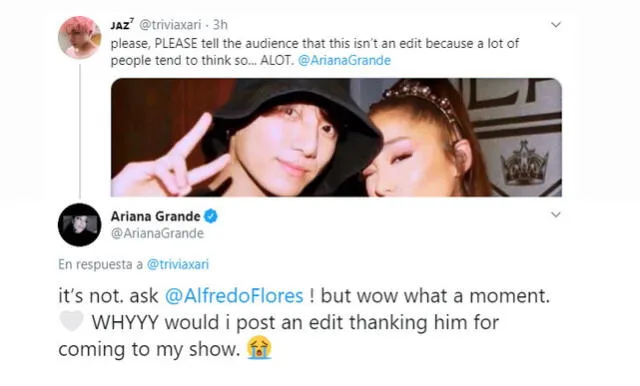 Ariana Grande responde a una fan de BTS respecto a su fotografía con Jungkook