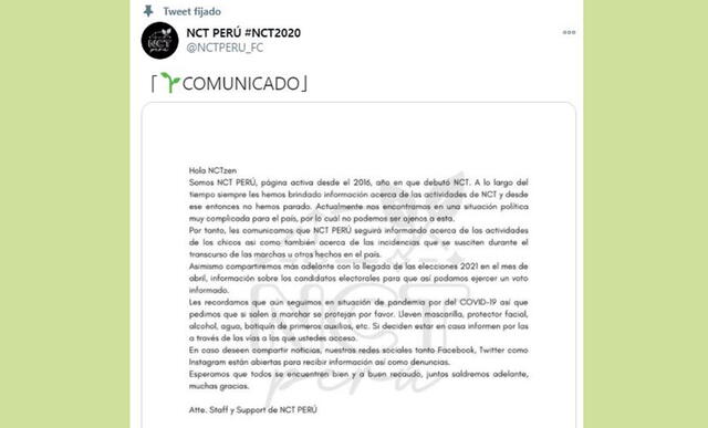 NCT Perú se comprometió a impulsar el deber ciudadano en las próximas elecciones. Foto: Twitter