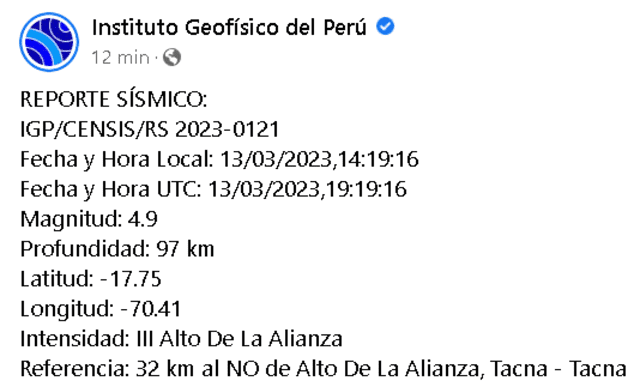  Sismo en Tacna. Foto: Captura de pantalla/IGP.    