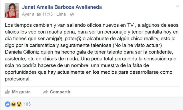  Post de Janet Barboza sobre Daniela Cillóniz. Foto: Janet Barboza Facebook<br><br>    