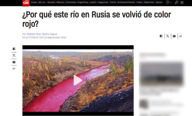  Imagen del 2016 y que, según los registros, corresponde a un río ruso de color rojo por un tema de contaminación ambiental. Foto: captura en web/CNN&nbsp;    