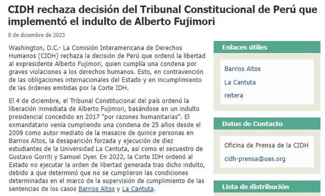 CIDH rechaza medida que adoptó el TC de Perú para liberar a Alberto Fujimori. Foto: OEA   