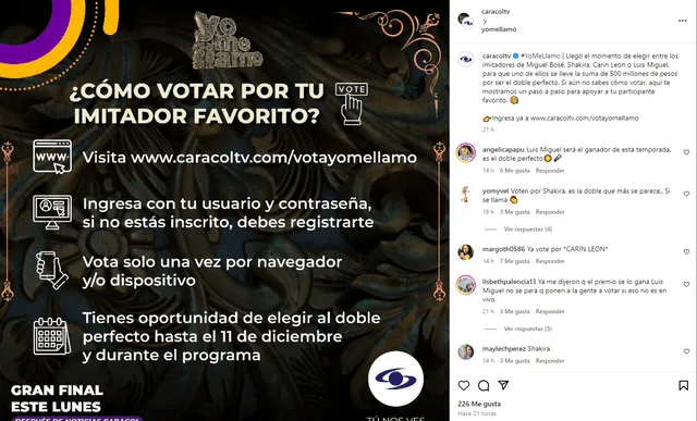 Sigue los pasos para votar. Foto: Instagram/Yo me llamo   