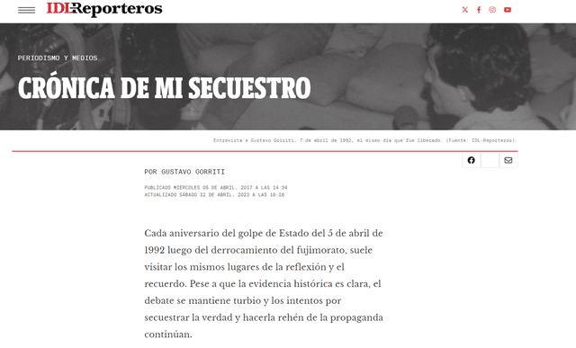  Artículo "Crónica de mi secuestro". Foto: página web / IDL-Reporteros.    
