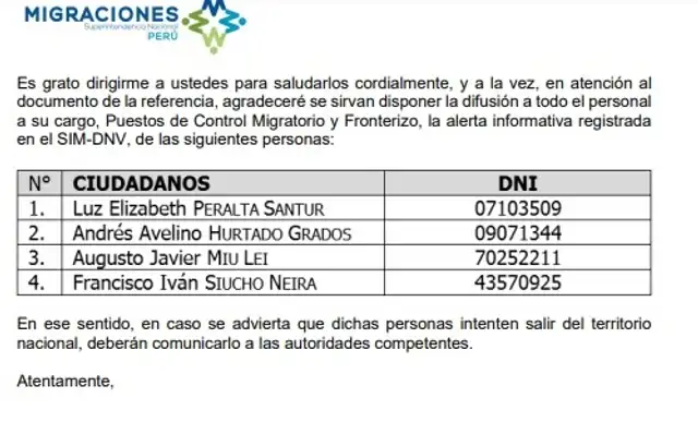 Alerta de Migraciones ante posible salida del país de Andrés Hurtado, los hermanos Siucho y la fiscal Peralta. Foto: captura 