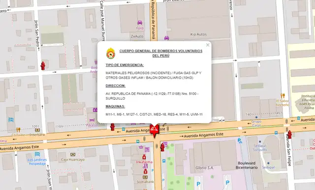 Reporte de los bomberos sobre fuga de gas en Surquillo.