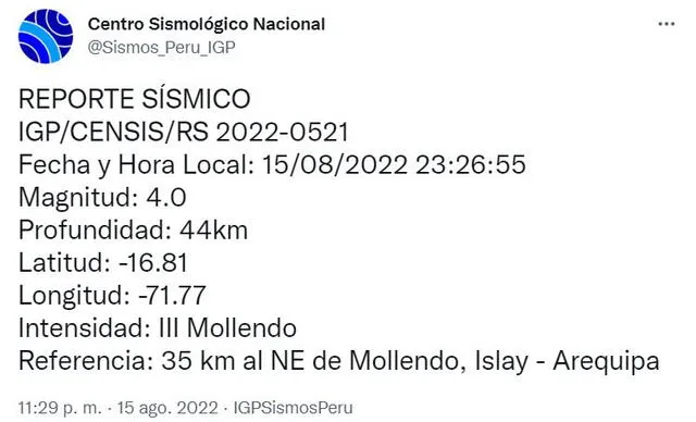 Datos del sismo en Arequipa. Foto: captura IGP