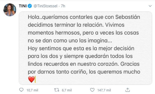 Tini Stoessel oficializa en Twitter ruptura con Sebastián Yatra.