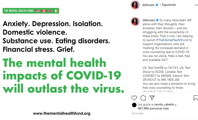 Demi Lovato crea fondo para ayudar a personas con problemas mentales. Foto: Captura Instagram.