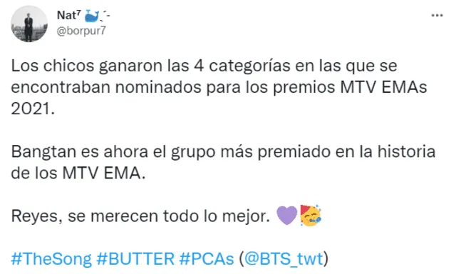 Reacción de ARMY ante los premios de BTS en los MTV EMA 2021. Foto: captura/Twitter