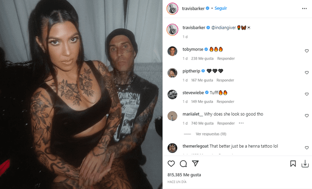 Kourtney Kardashian se tatuó al estilo de su pareja, Travis Barker. Foto: Travis Barker/Instagram.