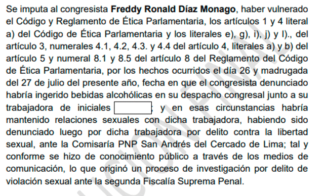 Objeto de la investigación que inició la Comisión de Ética contra Freddy Díaz. Foto: documento