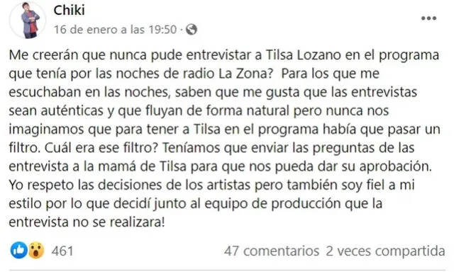  Publicación de 'Chiki' sobre Tilsa Lozano. Foto: captura Chiki/Facebook <br>    