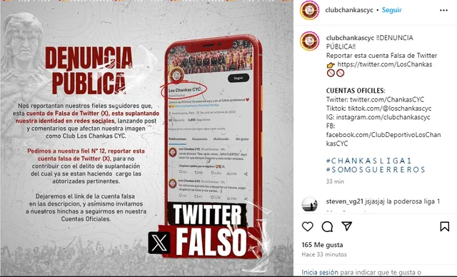 Comunicado oficial de Los Chankas sobre los tuits de una de sus supuestas cuentas. Foto: ClubChankasCYC/Instagram   