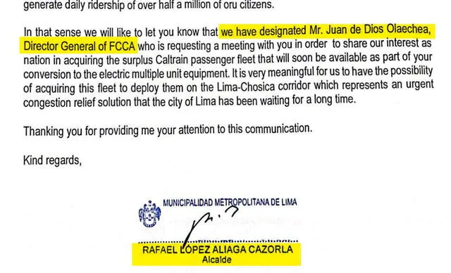  Carta donde se estipula que Juan de Dios Olaechea sería quien negociaría la adquisición de los trenes con Caltrain | Fuente: La Encerrona.    