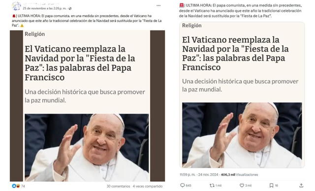 <em> Desinformación sobre el papa Francisco. Foto: captura de Facebook / X</em>   