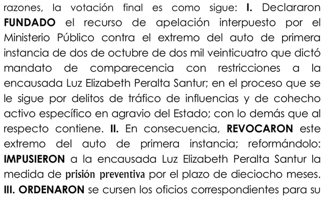  Resolución judicial que dicta 18 meses de prisión preventiva contra Elizabeth Peralta   