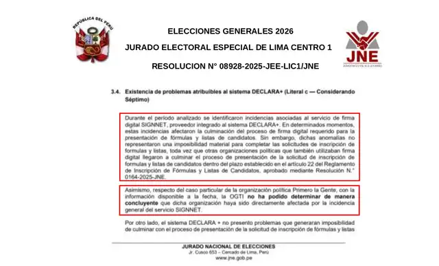 Conclusiones de la OGTI del JNE sobre las presuntas fallas reportadas por Primero la Gente   