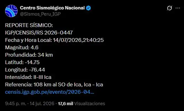 Sismo en Ica se registró esta noche, según IGP