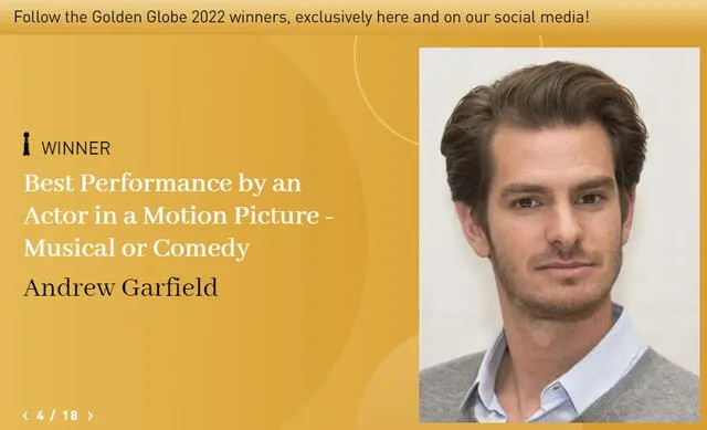 Andrew Garfield gana Globo de Oro a mejor actor en película musical por Tick Tick Boom! Foto: Golden Globes