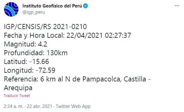 Datos del sismo en Arequipa. Foto: Twitter IGP
