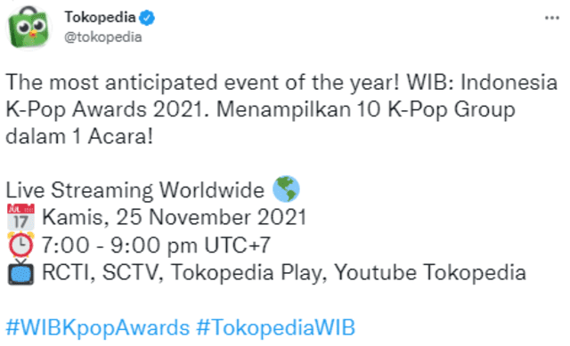 Publicación oficial del evento Tokopedia Awards 2021 en Twitter. Foto: captura/Twitter