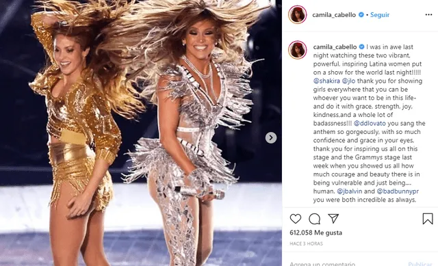 Camila Cabello quedó contenta por el show de Jennifer Lopez y Shakira.