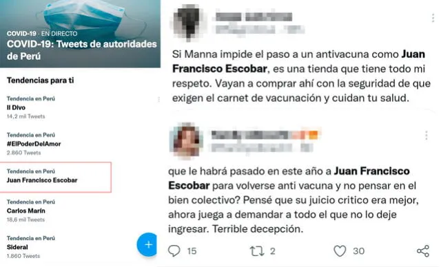 19.12.2021 | Tuis criticando a Juan Francisco Escobar por no cumplir disposiciones contra la COVID-19. Foto: captura Twitter