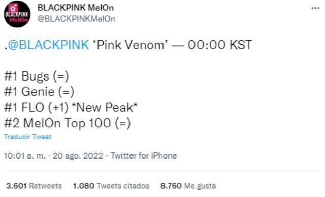 "Pink Venom" en charts de tiempo real (Corea). Foto: BLACKPINK MelOn