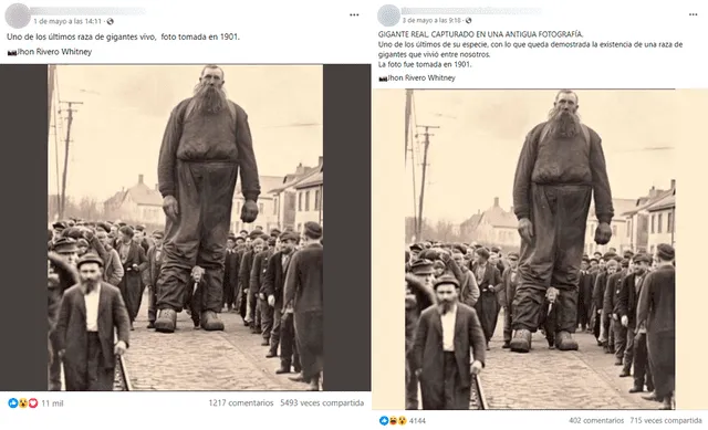  Publicaciones que señalan que se trata de un fotografía real de un “gigante” de 1901. Foto: capturas en Facebook.&nbsp;   