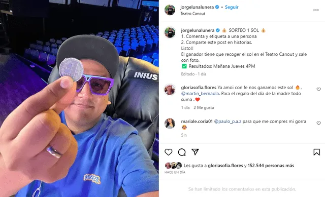 Jorge Luna y su sorteo en Instagram. Foto: Instagram   
