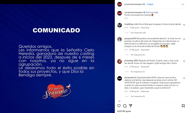 El comunicado de Corazón Serrano. Foto: Instagram   