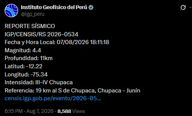 Nuevo sismo de magnitud 4,4 volvió a remecer Chupaca. Nuevo sismo de magnitud 4,4 volvió a remecer Chupaca.